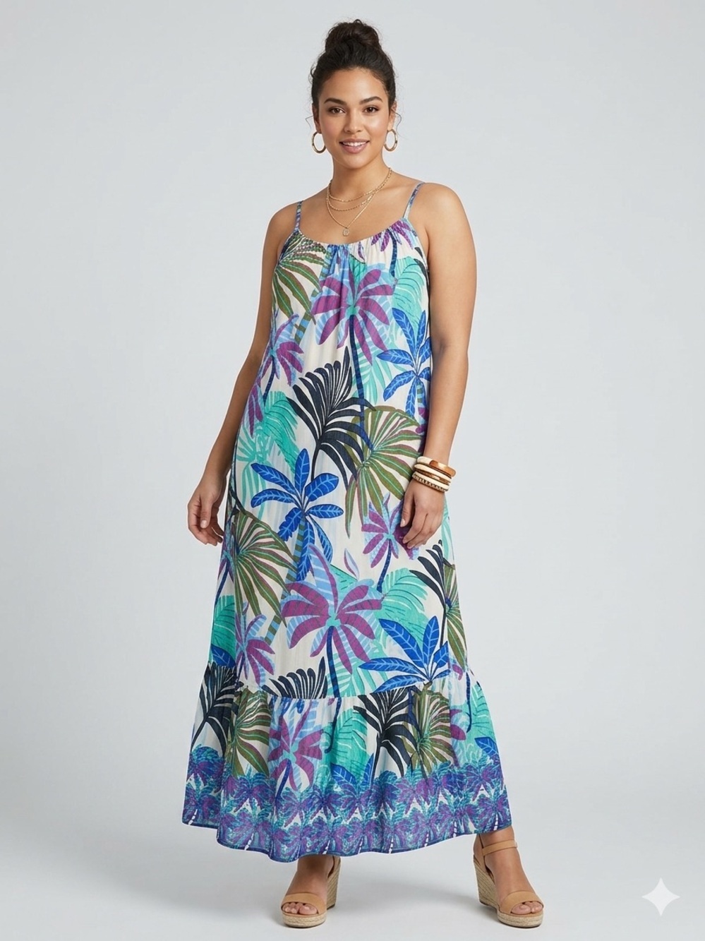True Destinations Tropical Palm Print Maxi Dress Sleeveless Resort Vacation MED